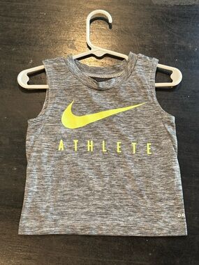 4/$15 Nike Gray Heather Tank Bright Yellow Swoosh and ATHLETE Print- 12 Months